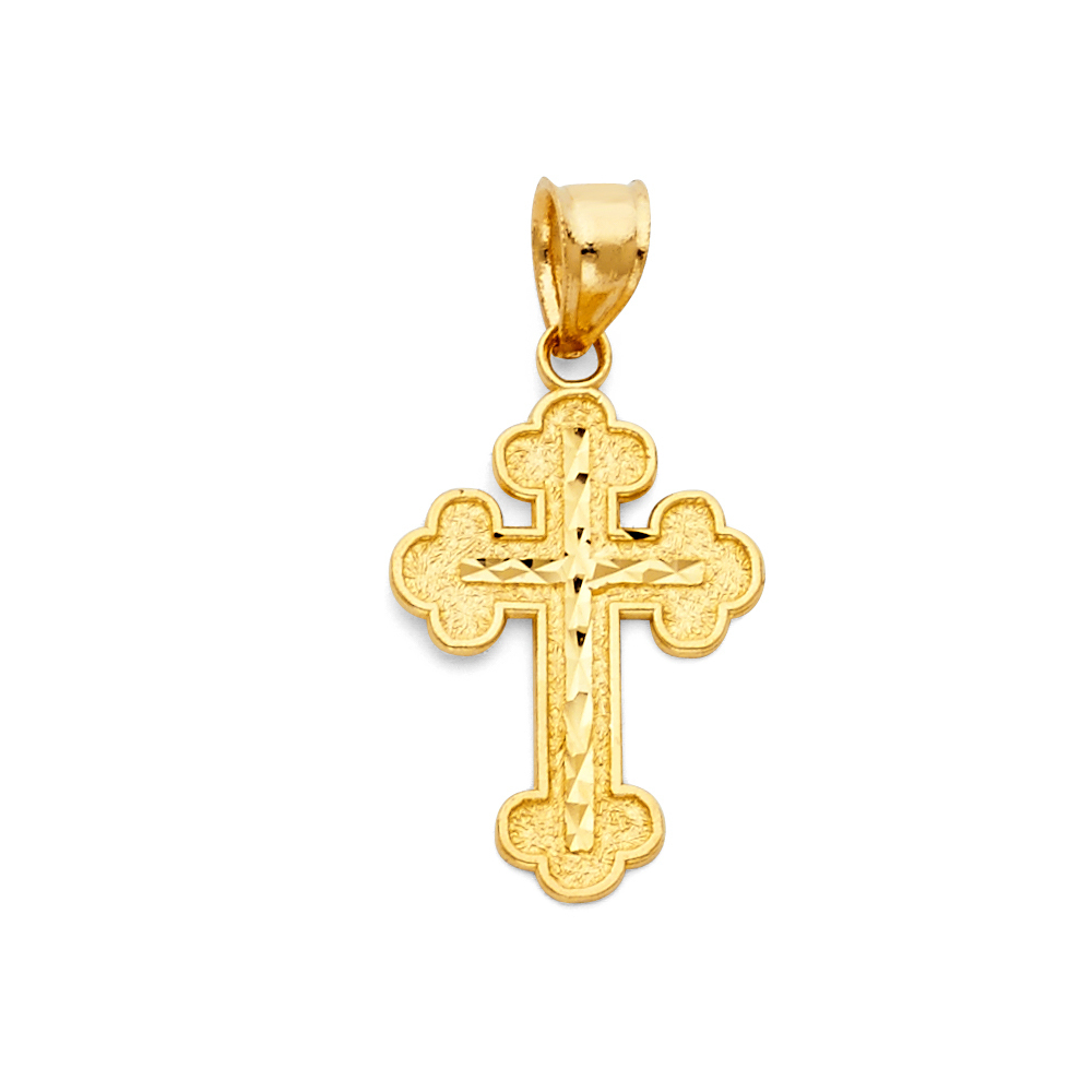 14K Yellow Gold Small Budded Diamond-Cut Religious Cross Charm Pendant